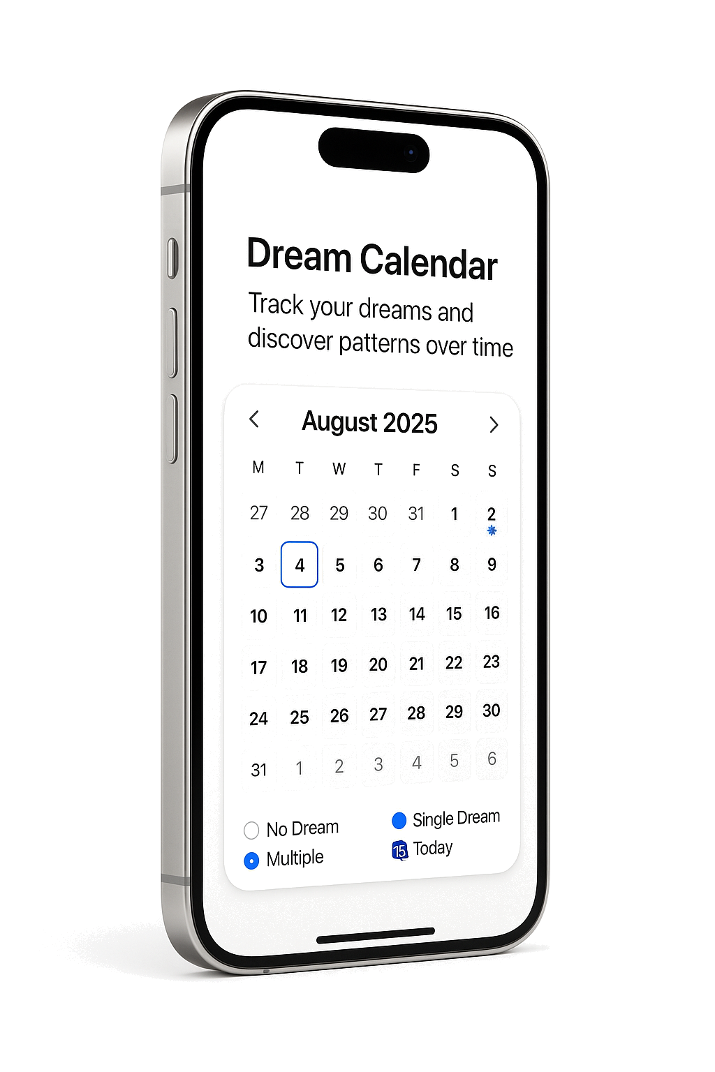 Dreams Journal Calendar Dashboard on iPhone